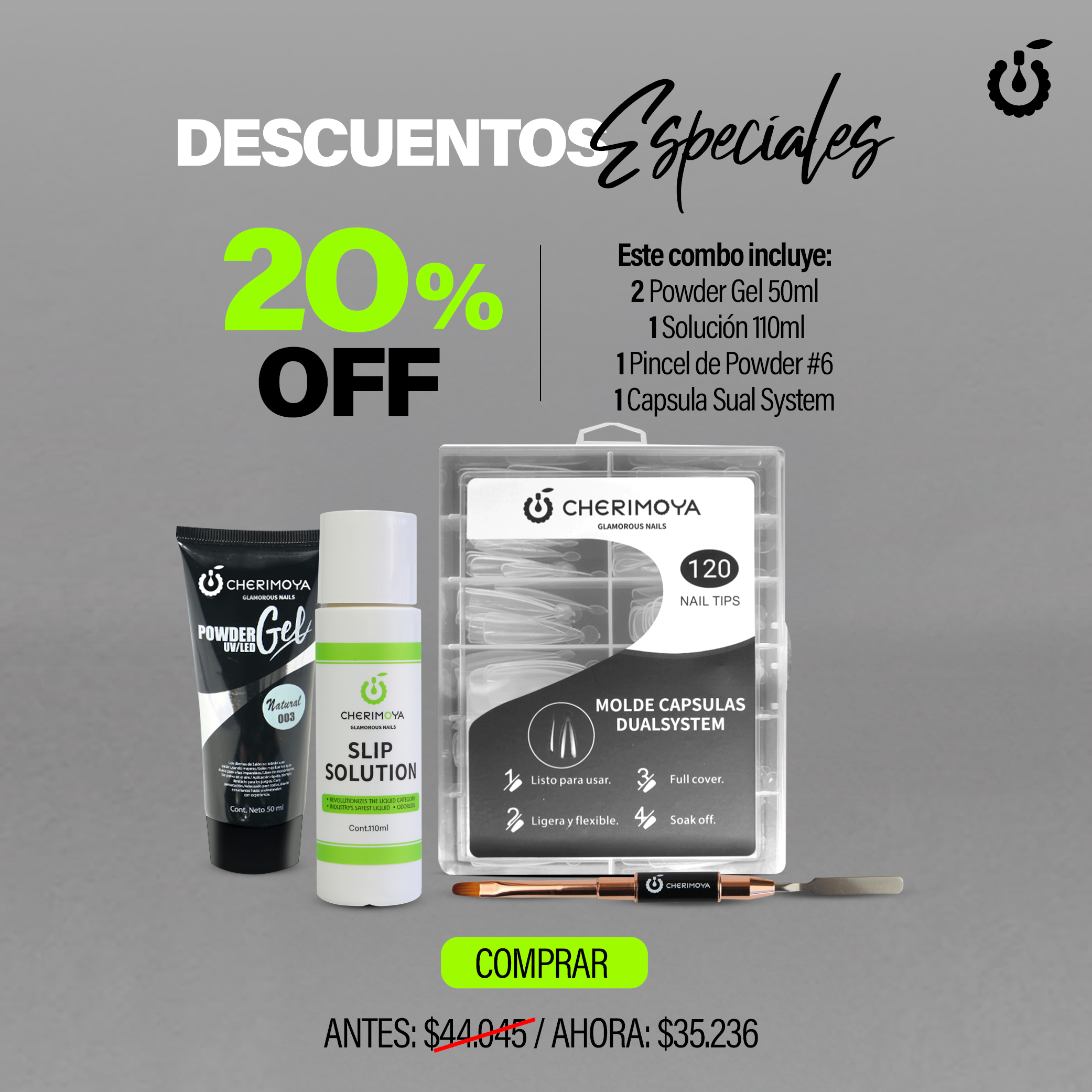 (01 Combo) 2 Powder de 50ml + 1 Solución de 110ml + 1 Pincel de Powder #6+ 1 Capsula