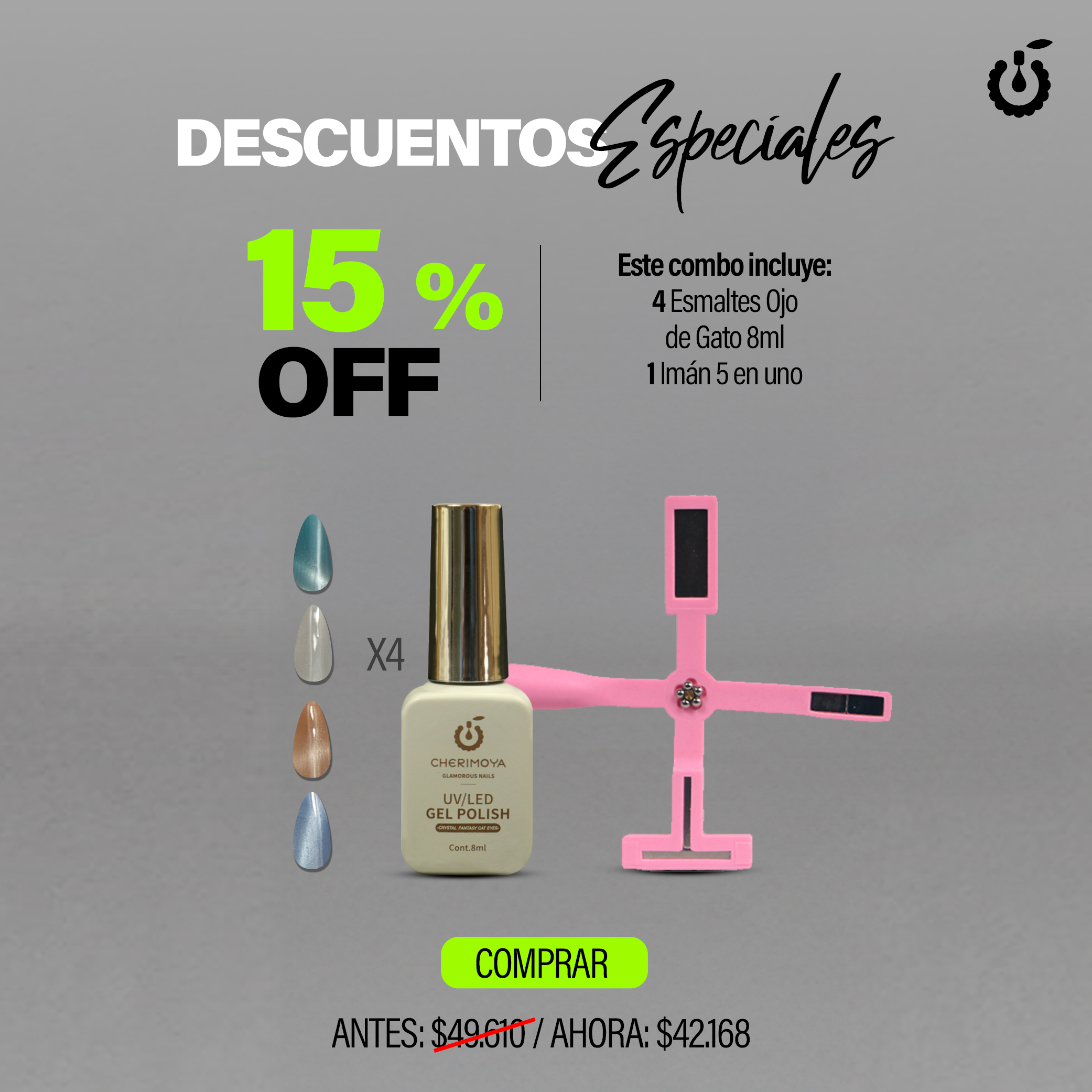 (02 Combo) 4 Esmaltes Ojo de Gato 8ml + 1 Imán 5 en 1